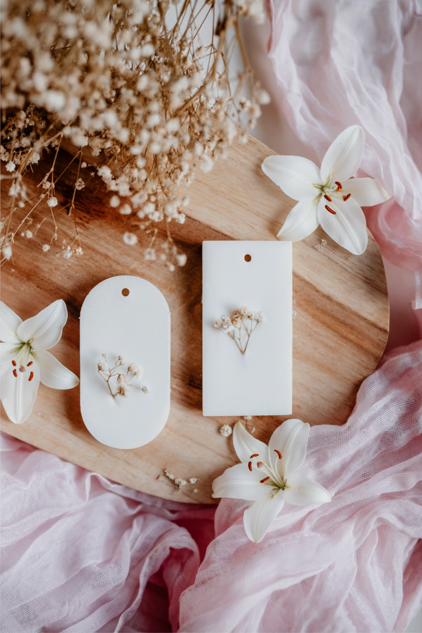 Two white rectangular soap bars with dried flower inclusions, displayed on a wooden board with white lilies and pink fabric.