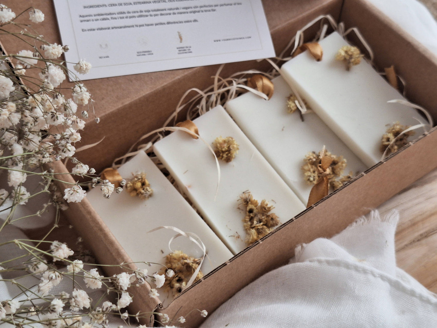 Four-piece sweet orange and sage soy wax bar set with hanging ribbon