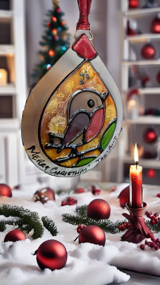 Robin 2 design hand-painted glass Christmas suncatcher by Honor Hales | KELEPURI Gifts