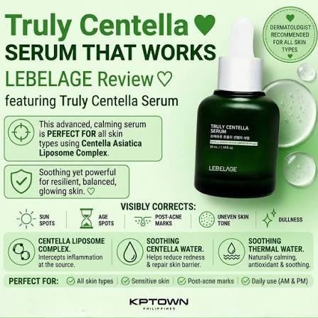 A promotional graphic for LEBELAGE Truly Centella Serum, featuring a dark green bottle with a white dropper on a light green background with text callouts and ingredient benefits.