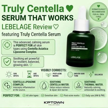 A promotional graphic for LEBELAGE Truly Centella Serum, featuring a dark green bottle with a white dropper on a light green background with text callouts and ingredient benefits.