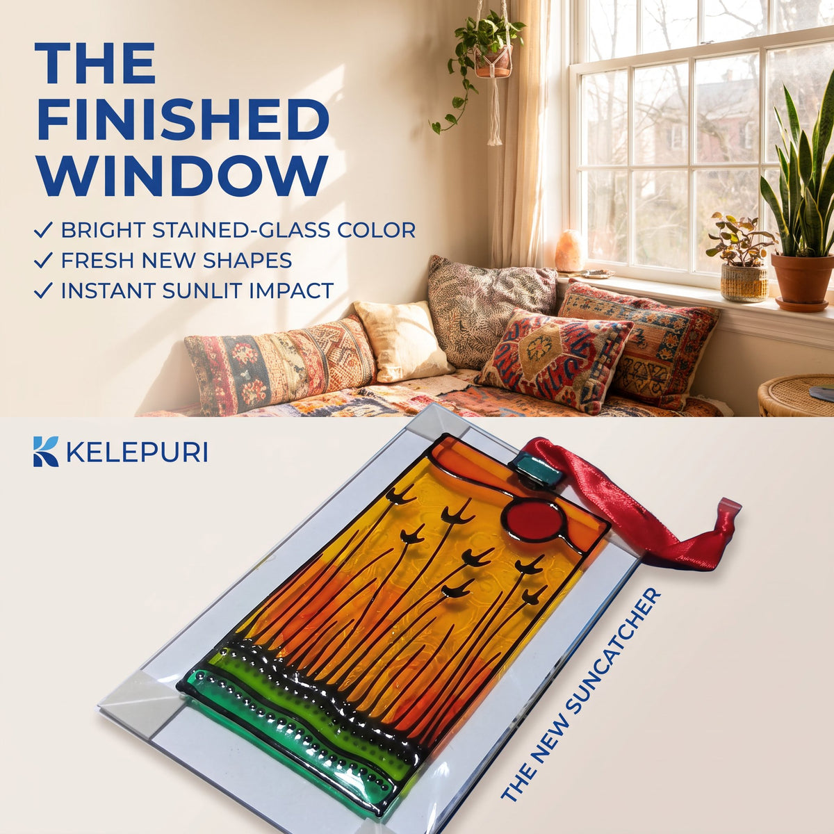 Kelepuri 'The New Suncatcher' stained glass window panel displayed in a modern living room setting on top, and as a flat product shot on a light beige background below. The product features a vibrant stained-glass design with a yellow and orange sky, red birds, green leaves, and a red ribbon.