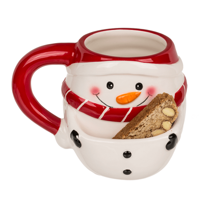 A ceramic snowman mug with a red handle and red hat, featuring a white body decorated with a red scarf, black buttons, and a small slice of toast tucked into the scarf opening, on a plain white background.