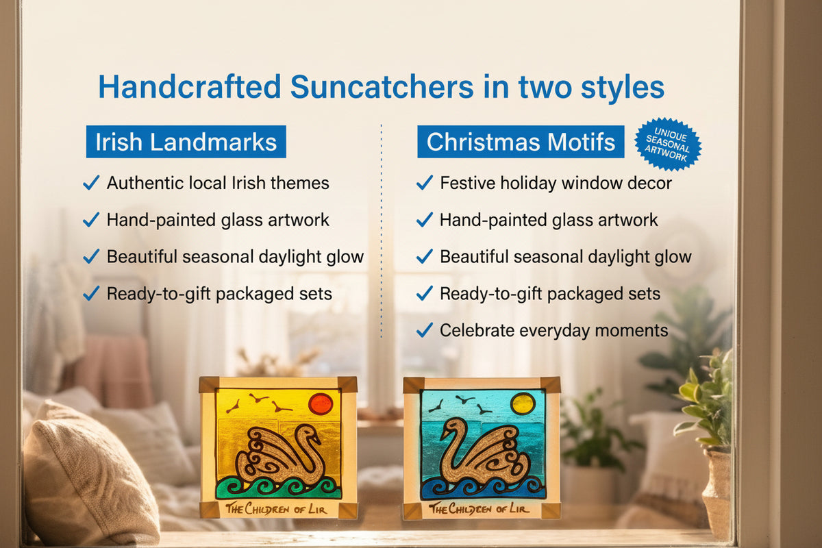 Two handcrafted stained glass suncatchers displayed on a windowsill in a cozy living room setting. 