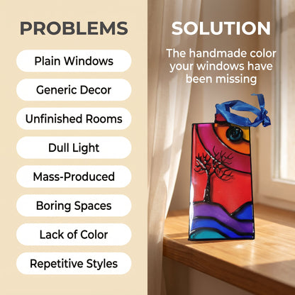 A promotional graphic with a beige left side listing problems like plain windows, generic decor, unfinished rooms, dull light, mass-produced items, boring spaces, lack of color, and repetitive styles. The right side shows a colorful stained-glass-style window hanging on a wooden windowsill with a blue ribbon, captioned as the solution.