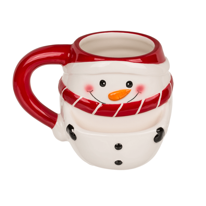 A ceramic mug shaped like a snowman, featuring a red handle, a red hat, a red scarf with white stripes, a black face, and a small orange carrot nose, shown on a plain white background.