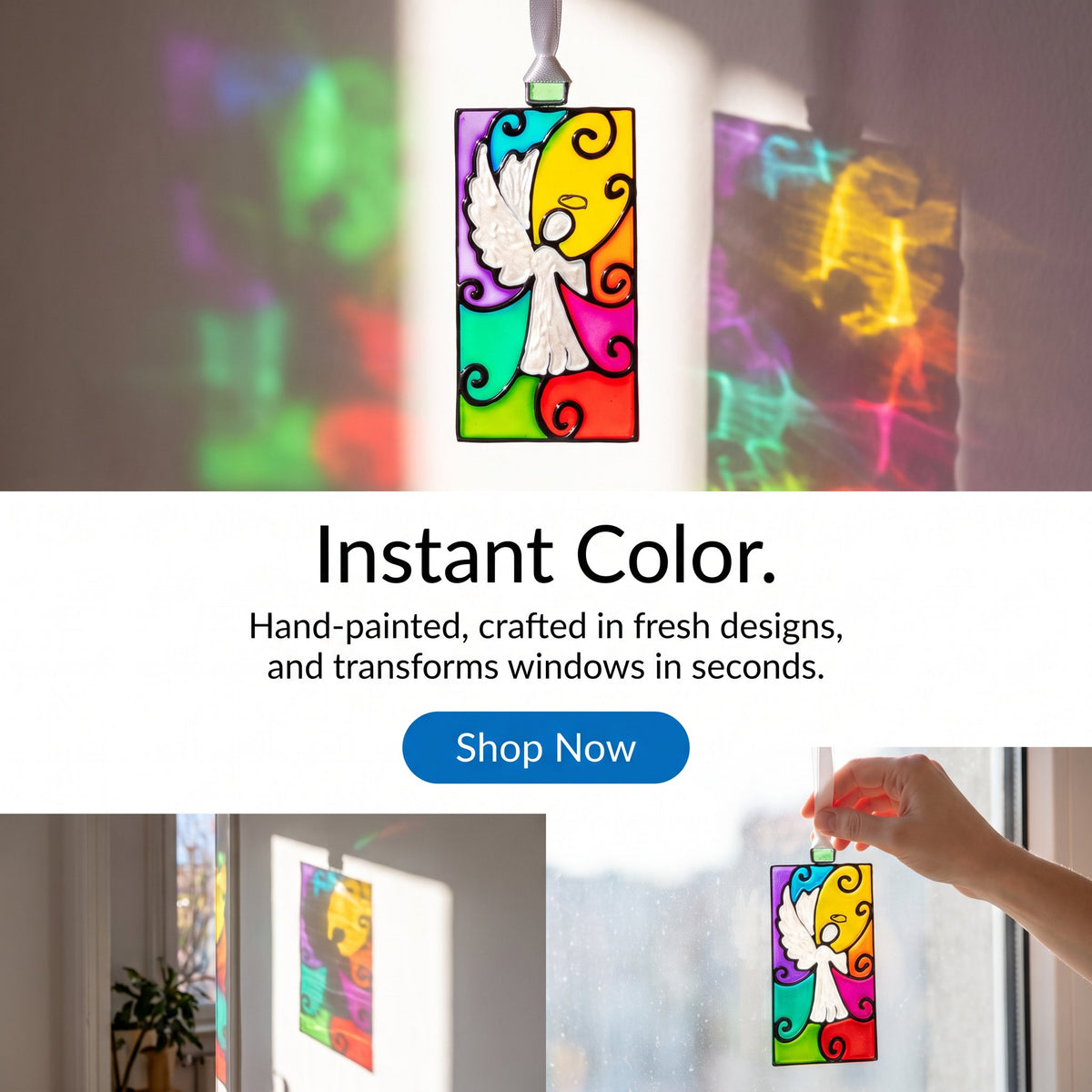 A colorful stained-glass-style window ornament featuring a white angel with rainbow-colored swirling details, shown hanging in front of a window and casting multicolored light patterns on the wall. Text in the center reads 'Instant Color.