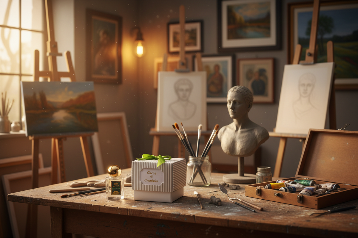 A warm, atmospheric art studio scene with an artist's worktable in the foreground holding paint tubes, brushes, a small box, and a bust sculpture, with easels and framed paintings in the background.