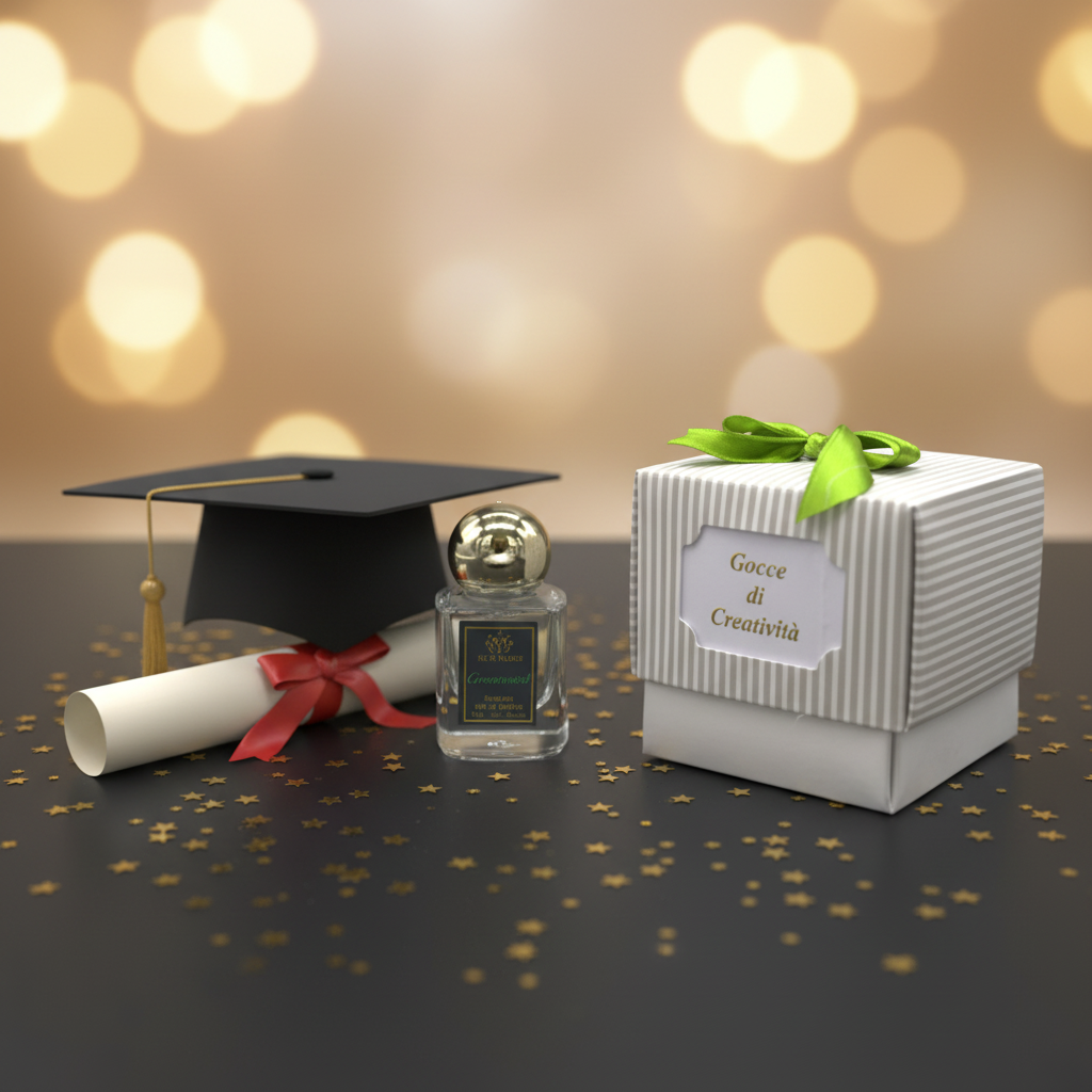 A graduation-themed fragrance gift set featuring a small clear glass perfume bottle with a gold cap, a black graduation cap with a gold tassel, a rolled diploma tied with a red ribbon, and a white striped gift box with a green bow and a label reading 'Gocce di Creatività'. The scene is set on a dark surface with scattered gold confetti and a warm golden bokeh background.
