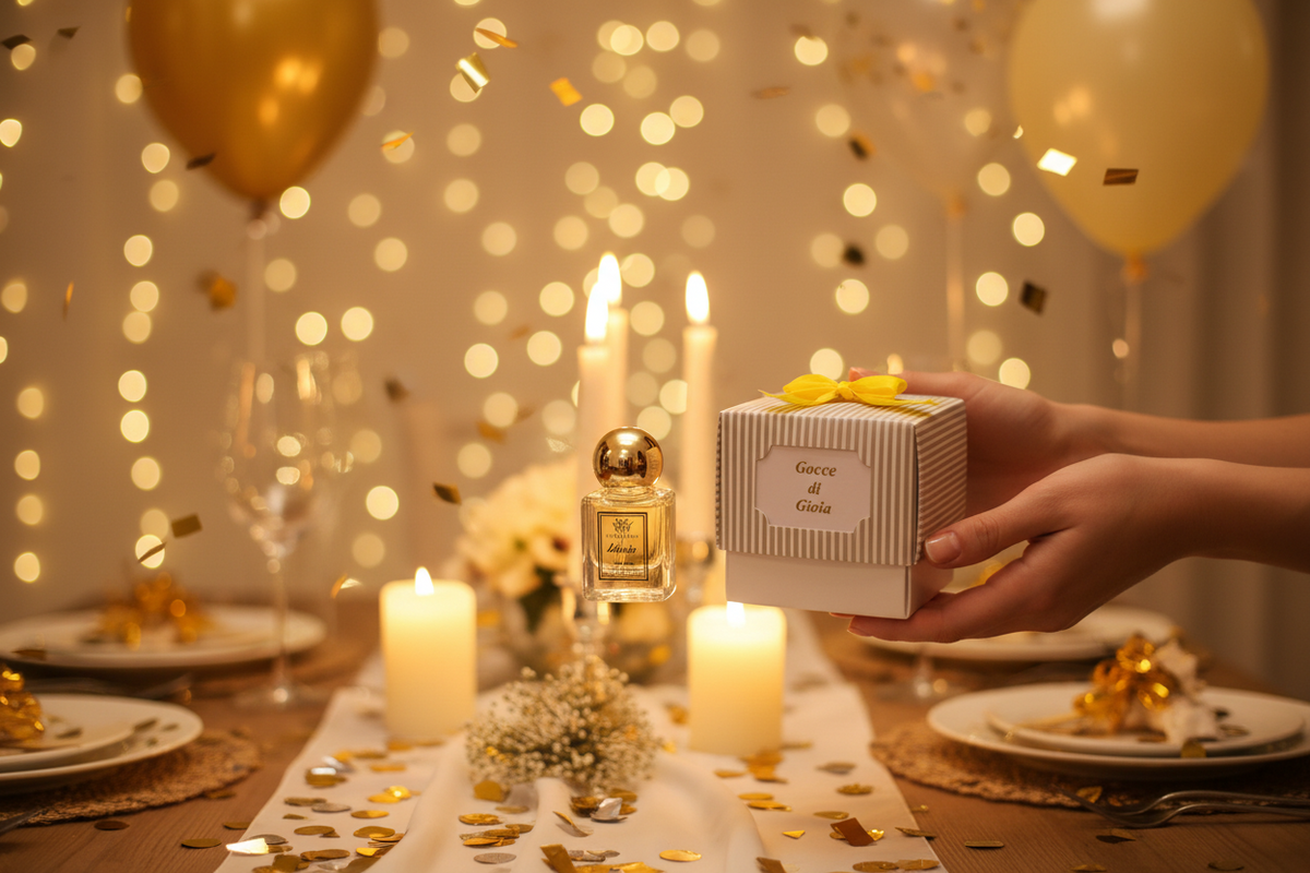 A hand holds a striped gift box with a yellow ribbon and a perfume bottle in front of a warmly lit table setting with candles, balloons, and gold confetti.