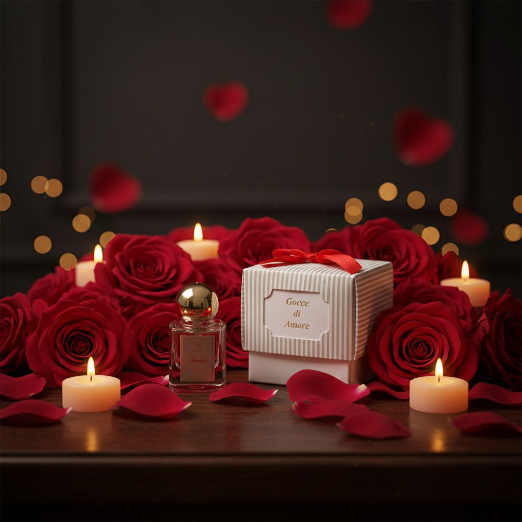 A perfume bottle and a striped gift box tied with a red ribbon, surrounded by red roses, lit candles, and scattered rose petals on a dark table. The gift box label reads "Gocce diamore.