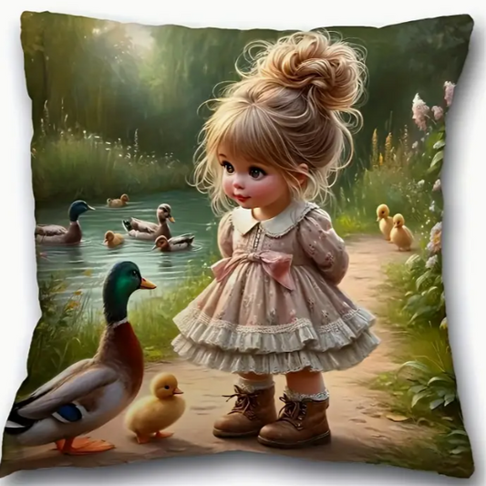 Cushion 45x45cm - Girl with duck and chick