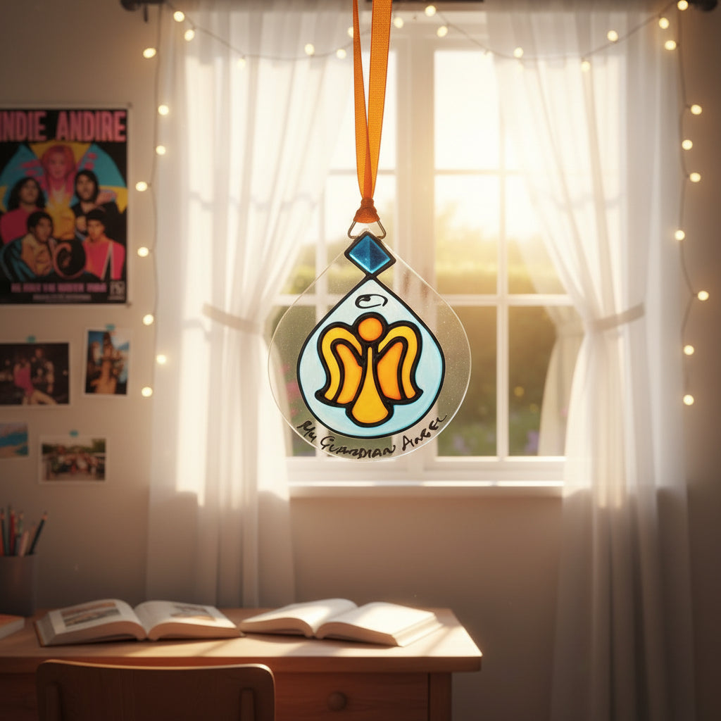 A clear teardrop-shaped hanging ornament with an orange ribbon loop at the top. The ornament features a light blue center with an orange stylized figure, a dark blue diamond shape at the top, and black handwritten text reading 'My Guardian Angel' near the bottom.