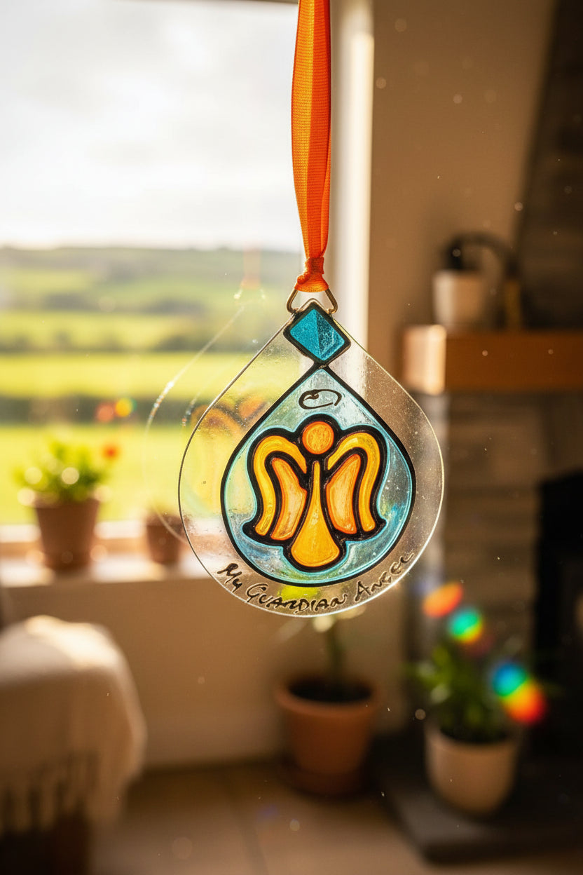A hand-painted glass ornament shaped like a teardrop, featuring a light blue background, an orange stylized angel figure, and a dark blue diamond at the top. The ornament is suspended by an orange ribbon against a plain white wall.