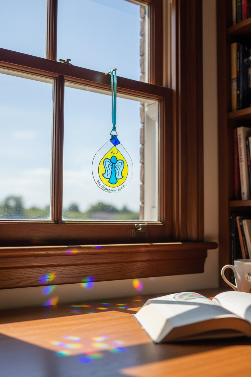 A clear glass suncatcher ornament shaped like a teardrop, featuring a yellow center with a blue and light blue angel design, a blue diamond-shaped accent, and a teal ribbon loop at the top. Handwritten text at the bottom reads 'My Guardian Angel'.