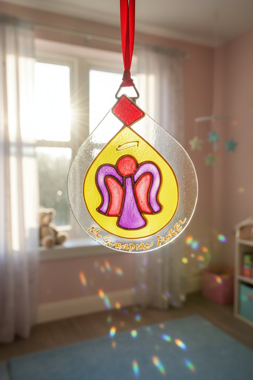 A clear glass or acrylic Christmas ornament shaped like a teardrop, featuring a colorful illustration of a Guardian Angel with a red body, purple wings, and a yellow background. The ornament hangs from a red ribbon against a white wall.