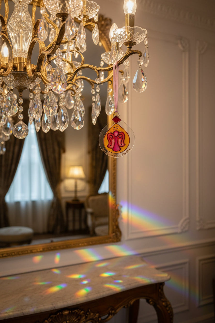 A hand-painted glass ornament featuring a Guardian Angel design with a pink and orange angel motif inside a clear teardrop-shaped glass piece, suspended by a pink ribbon against a white wall.