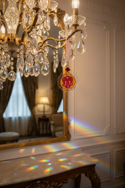 A hand-painted glass ornament featuring a Guardian Angel design with a pink and orange angel motif inside a clear teardrop-shaped glass piece, suspended by a pink ribbon against a white wall.
