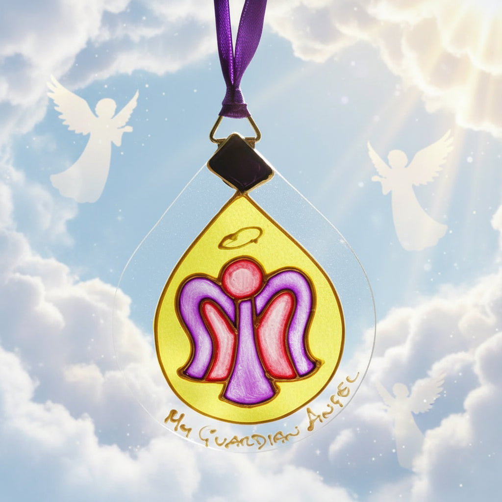 A hand-painted clear glass or acrylic ornament shaped like a teardrop, featuring a yellow background, a purple and pink stylized angel figure, a small gold halo, and a purple hanging ribbon. Handwritten text at the bottom reads 'My Guardian Angel'.