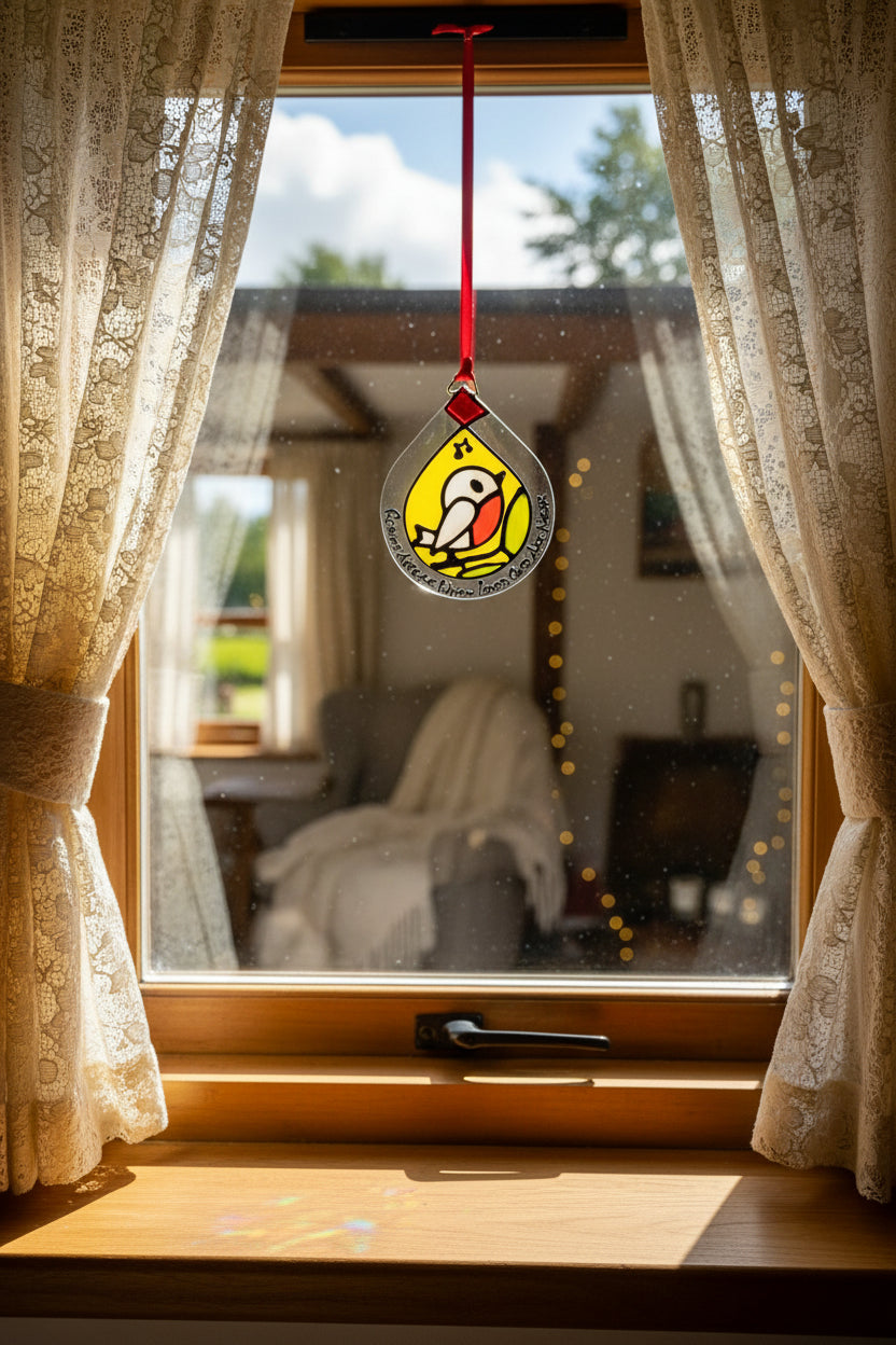 A stained glass hanging ornament shaped like a teardrop, featuring a bird with a red breast on a yellow background, bordered by the hand-written quote 'Robyns Appeare When Loves Chris Are Near' in black script, suspended by a red ribbon against a white wall.