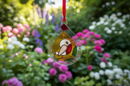 A stained glass ornament shaped like a teardrop, featuring a bird with a red breast, yellow body, and gray head perched on a branch. The ornament is decorated with the words 'Peace, Love, Hope, Mercy, Art and Peace Are Near' in brown script, suspended by a red ribbon against a neutral background.