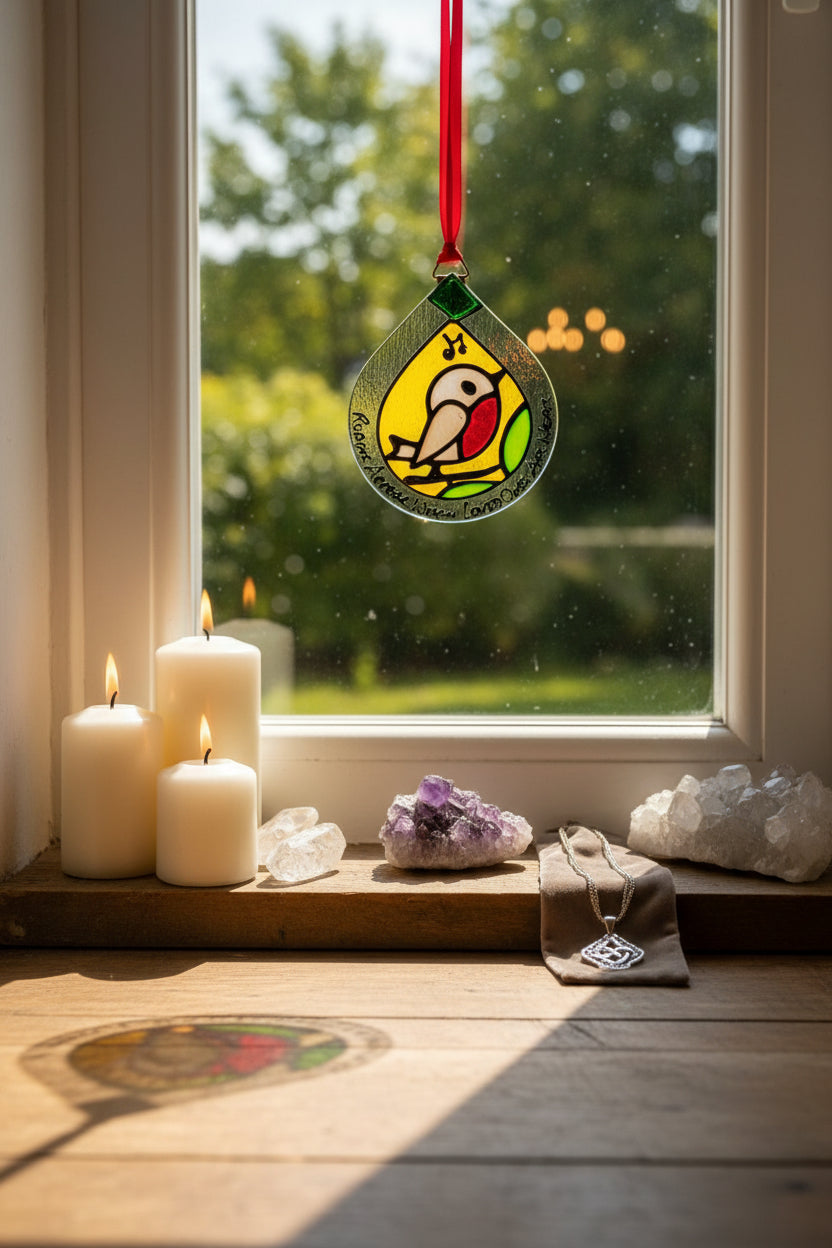 A stained glass ornament shaped like a teardrop, featuring a robin bird with a red chest, yellow body, and green and beige details. The ornament has a red hanging ribbon at the top and black script text along the bottom edge.