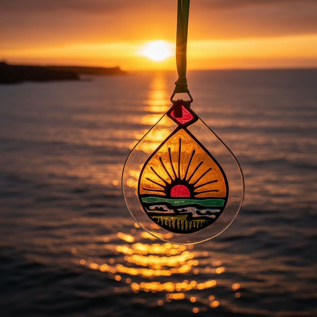 A teardrop-shaped clear glass ornament featuring a colorful stained-glass-style sunset landscape with yellow, green, red, and blue details, hanging from a bright green ribbon against a white wall.