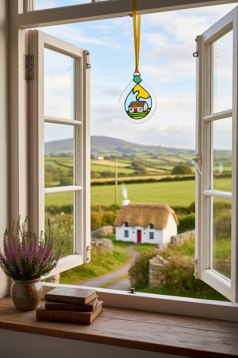 A teardrop-shaped stained glass ornament hanging from a yellow ribbon. The ornament features a hand-painted scene of a small white house with a brown roof, set against a light blue sky, yellow sun, and green grass, all outlined in black glass.