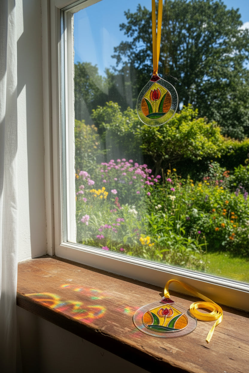A teardrop-shaped stained glass ornament featuring a tulip design with yellow, red, green, and orange colors, suspended by a yellow ribbon against a white wall.