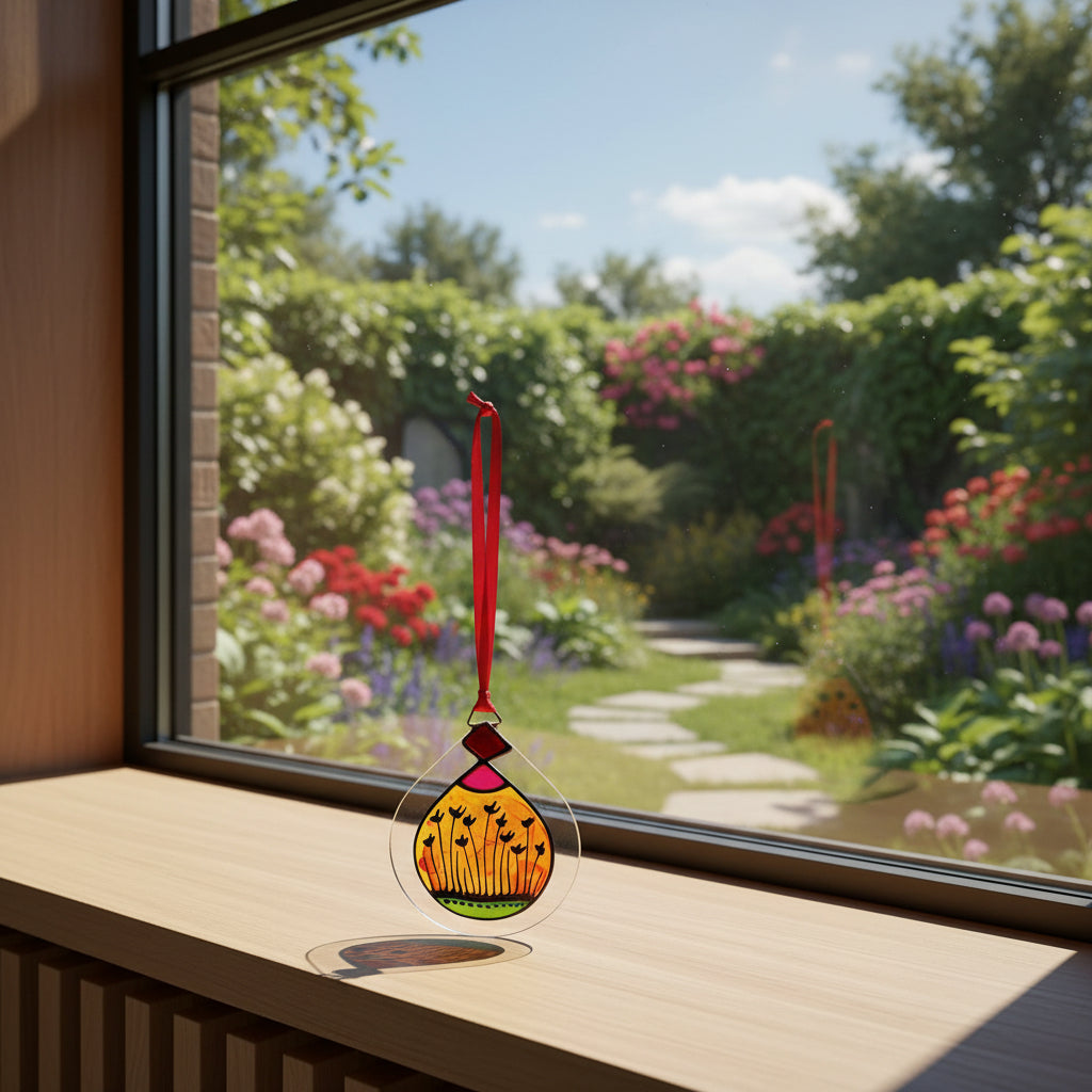 A teardrop-shaped clear glass ornament featuring a stained-glass style design with a yellow and orange sunburst, black flower silhouettes, a green ground, and a red hanging ribbon.