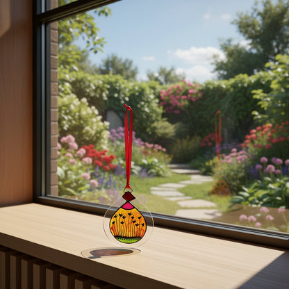 A teardrop-shaped clear glass ornament featuring a stained-glass style design with a yellow and orange sunburst, black flower silhouettes, a green ground, and a red hanging ribbon.