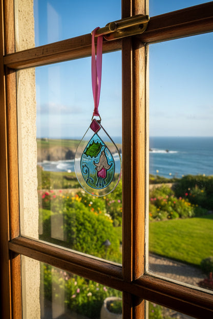 A clear glass hanging ornament shaped like a teardrop, featuring a painted fairy with white hair and a pink dress inside a light blue oval, with a green leaf and dark blue scroll details. The ornament hangs from a pink ribbon with a small gold ring, set against a plain light gray wall.