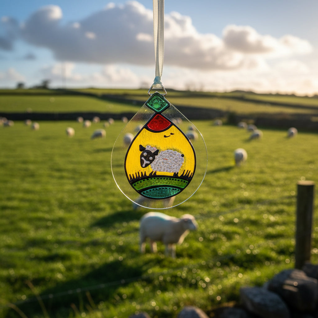 A teardrop-shaped clear glass ornament featuring a colorful hand-painted design of a black and white sheep on a yellow background with green grass and a red and green top section, hanging from a white ribbon against a textured wall.