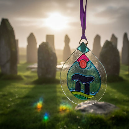 A teardrop-shaped clear glass ornament featuring a colorful stained-glass style design with a purple hanging ribbon, set against a neutral textured wall.