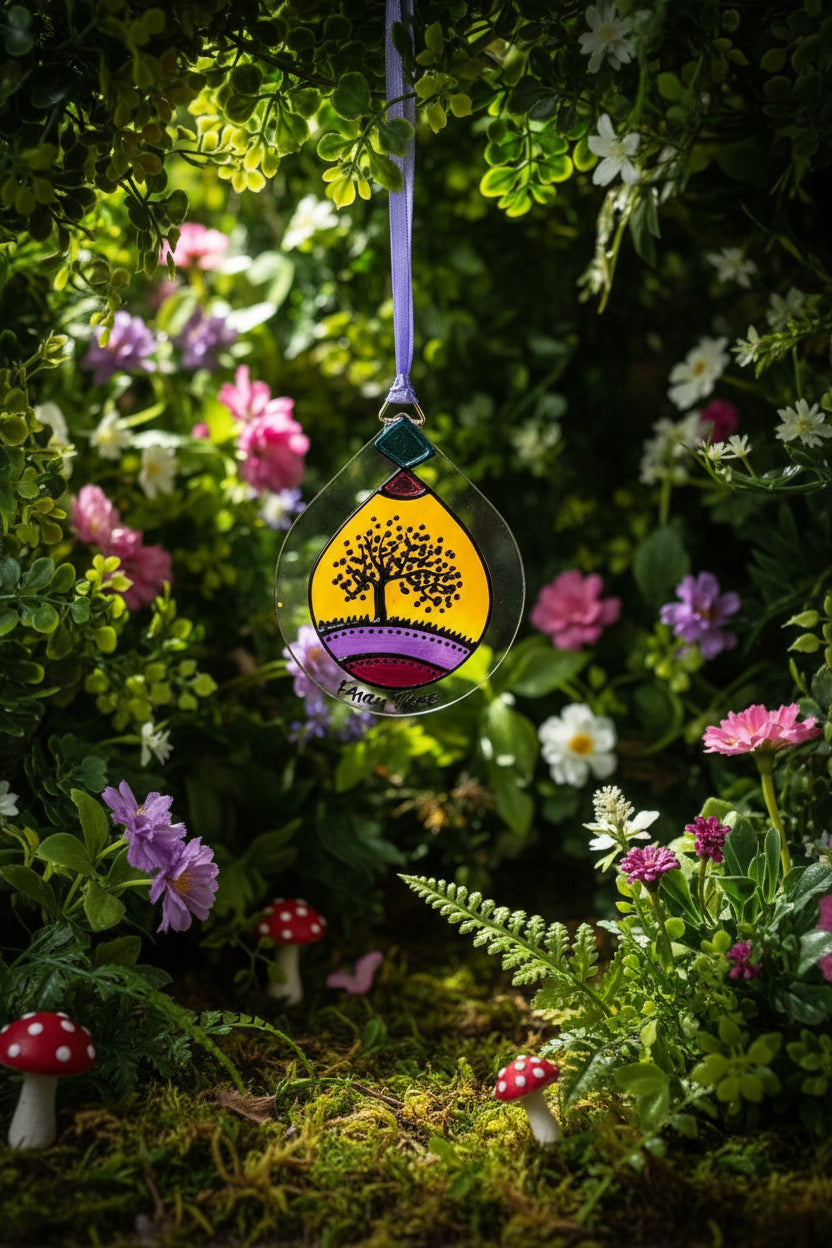 A clear teardrop-shaped glass ornament with a purple hanging ribbon, featuring a colorful hand-painted design of a tree with yellow, purple, pink, and black details, and the text 'FARMY TREE' at the bottom, shown against a textured white wall.