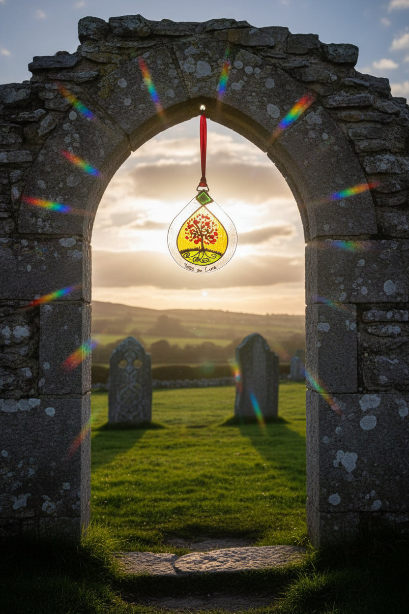 A clear teardrop-shaped hanging ornament with a red hanging ribbon, featuring a painted tree of life design with a yellow background, red-orange tree trunk and leaves, green ground, and the words 'Tree of Life' at the bottom.