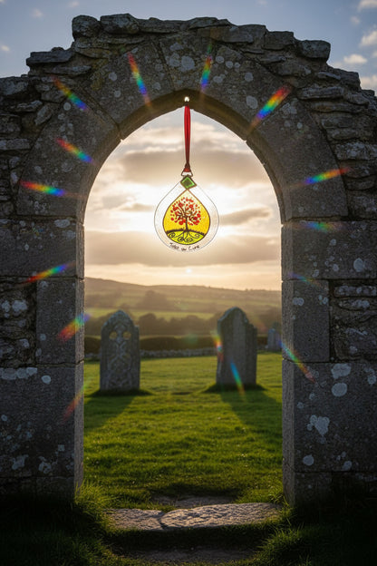 A clear teardrop-shaped hanging ornament with a red hanging ribbon, featuring a painted tree of life design with a yellow background, red-orange tree trunk and leaves, green ground, and the words 'Tree of Life' at the bottom.