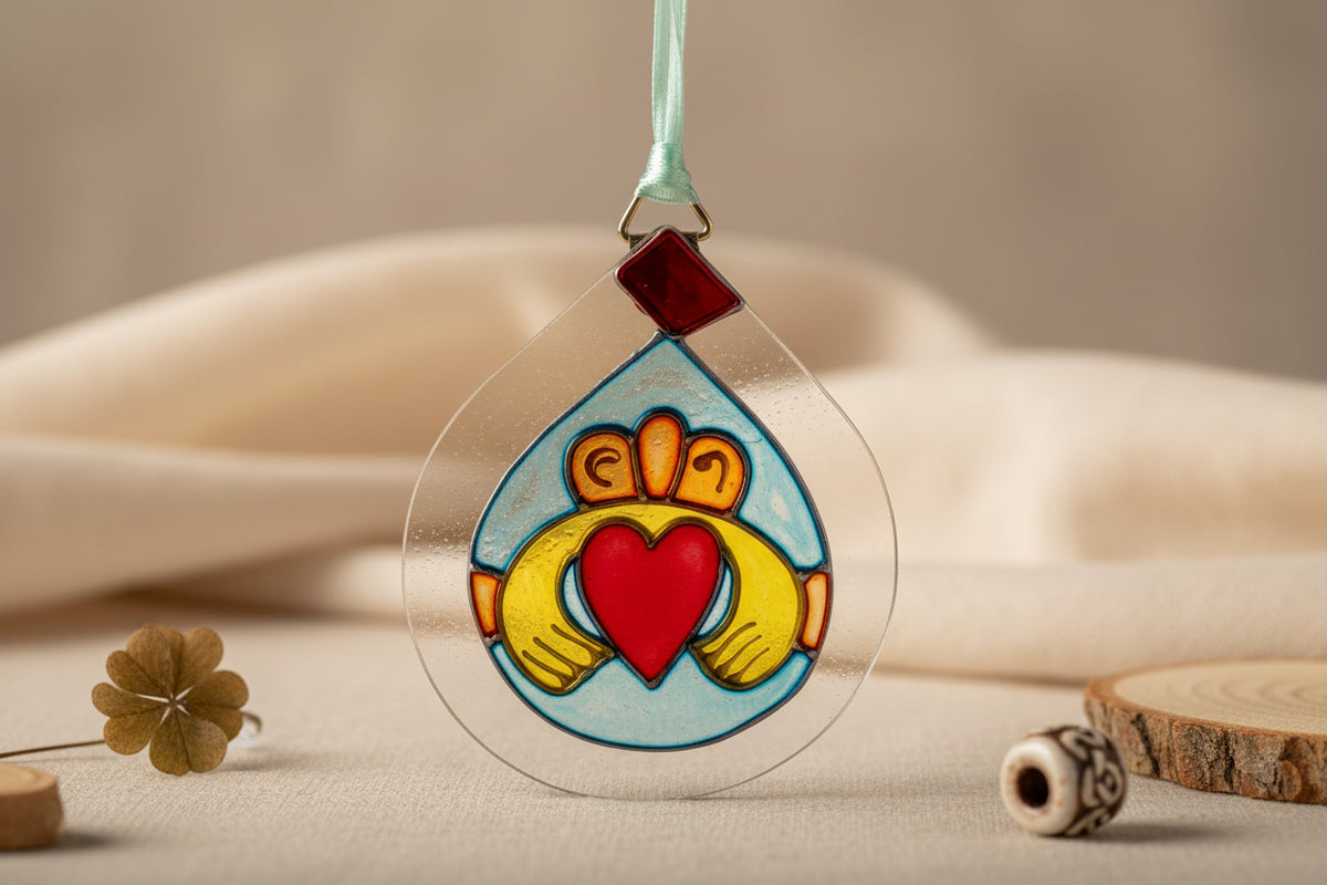A teardrop-shaped glass ornament featuring a stylized cartoon figure with yellow arms holding a red heart, set against a light blue background, suspended by a mint green ribbon.