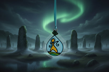 A teardrop-shaped stained glass hanging ornament with a blue ribbon, featuring a stylized figure in yellow and orange on a light blue background with green grass, shown against a white wall.