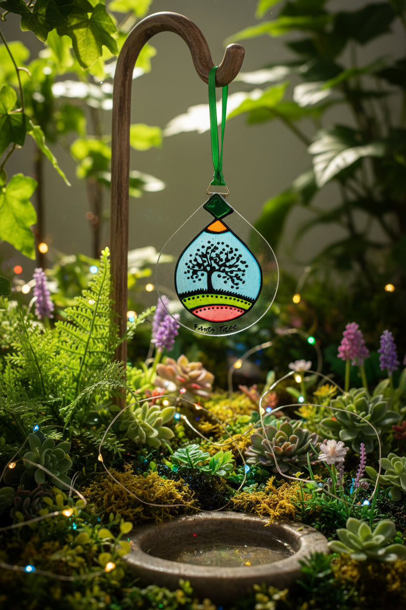 A clear teardrop-shaped hanging ornament with a colorful hand-drawn landscape design featuring a black tree on a light blue sky, green grass, and a pink ground, suspended by a green ribbon against a white wall.