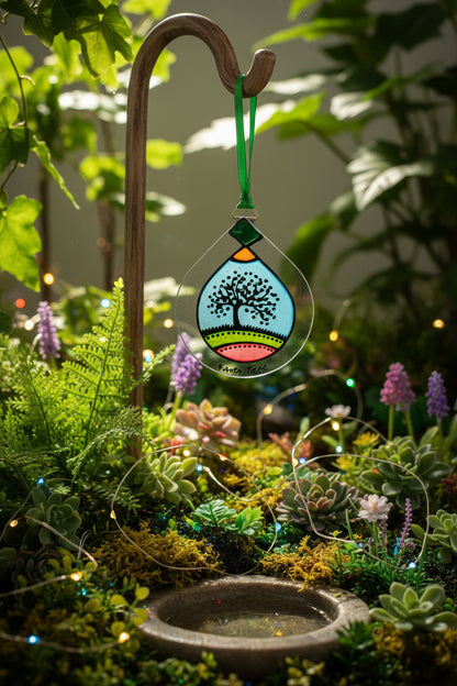 A clear teardrop-shaped hanging ornament with a colorful hand-drawn landscape design featuring a black tree on a light blue sky, green grass, and a pink ground, suspended by a green ribbon against a white wall.