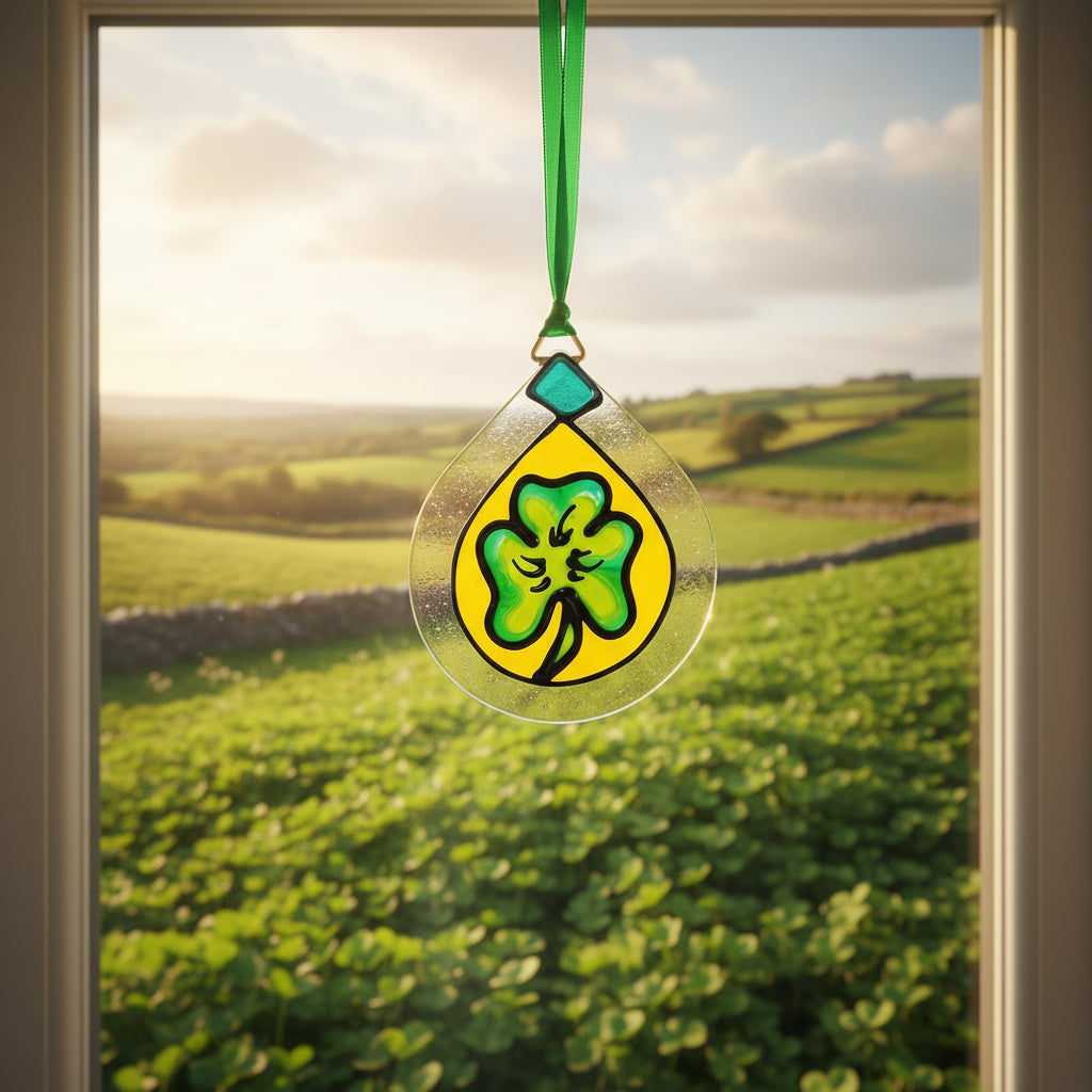A clear glass hanging ornament shaped like a teardrop, featuring a yellow background with a green shamrock in the center and a green hanging ribbon at the top.