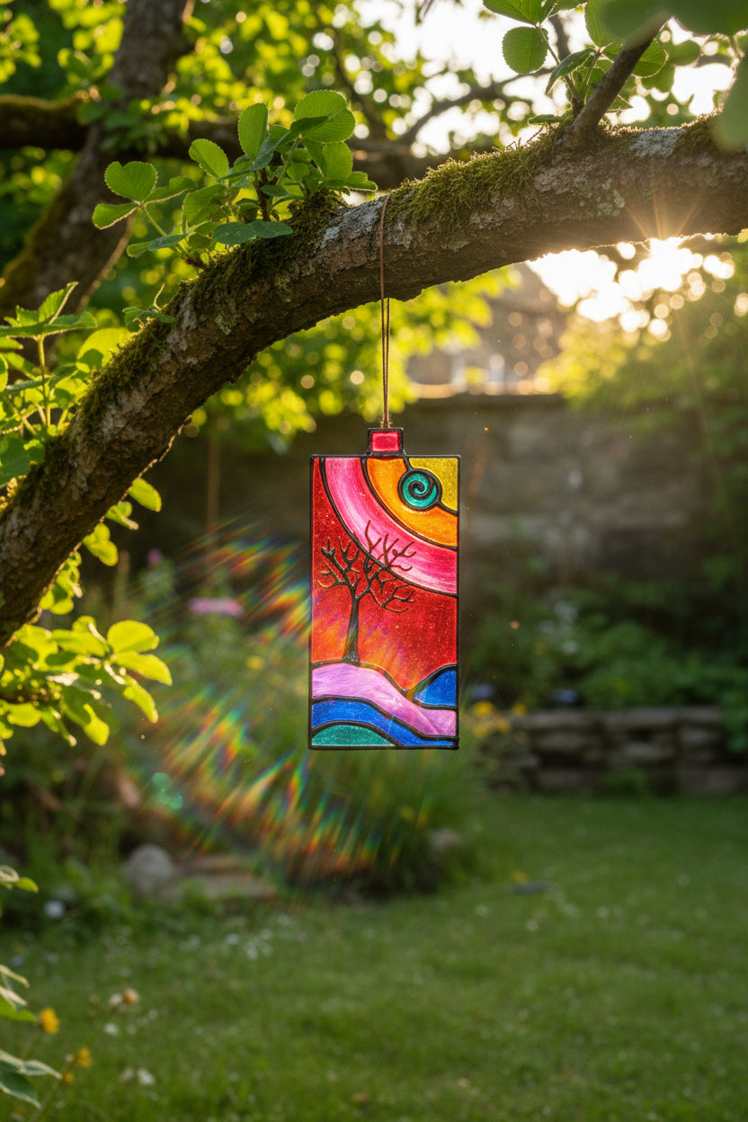 Packaged stained glass hanging sun catcher featuring a colorful abstract landscape with a black tree silhouette, red, orange, pink, purple, and blue sections, attached to a blue ribbon and hanging from a metal loop. Card text reads 'Hanging Sun Catcher' and 'Hand painted by Irish Artist Honor Hales'; 'Visual Instinct' logo is visible on the package.