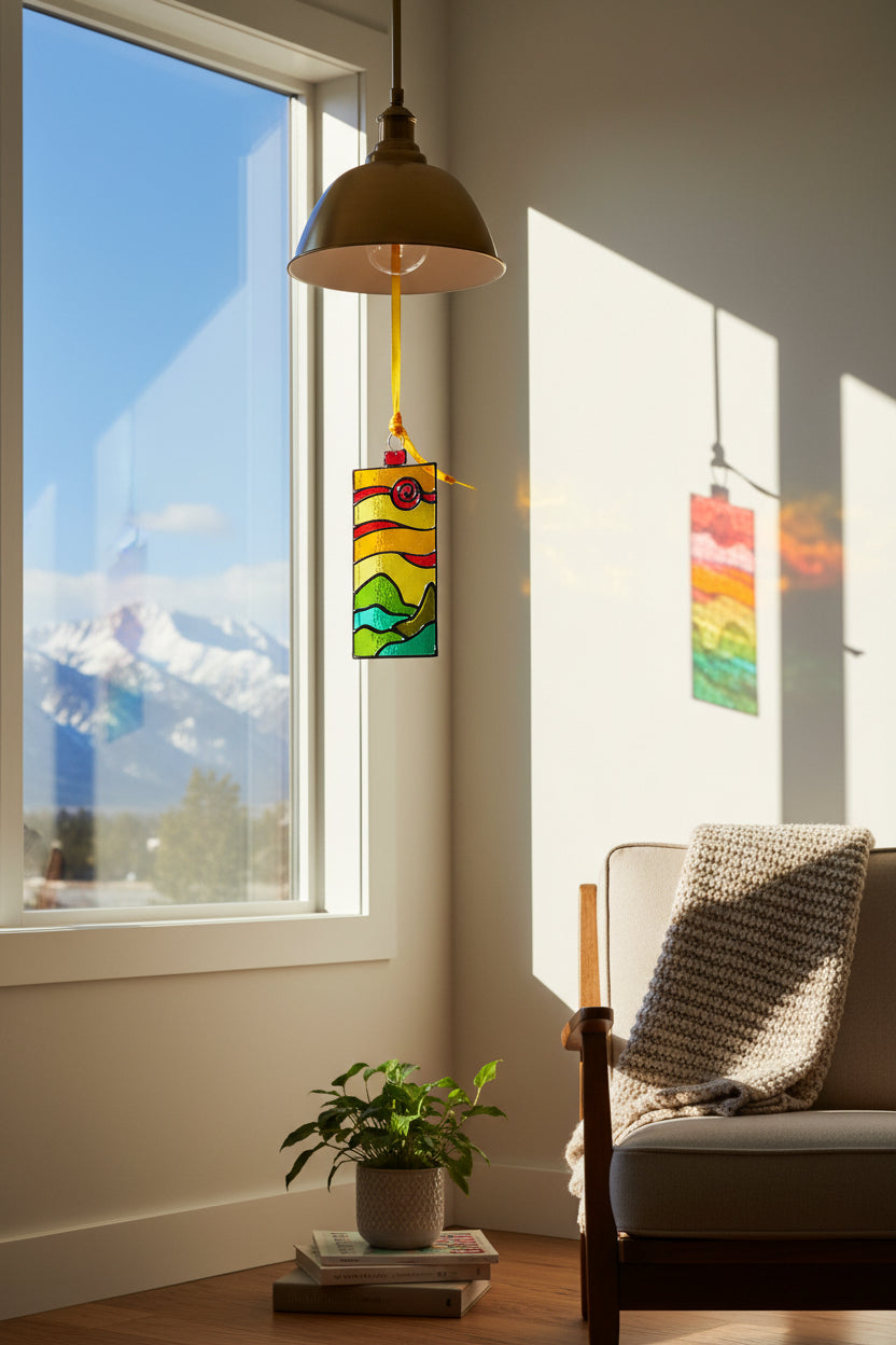 A hand-painted hanging sun catcher ornament in a rectangular stained-glass style, featuring yellow, orange, red, green, and black wavy lines representing a sunset landscape. It is attached to a yellow ribbon and displayed in its original retail packaging with a header card that reads 'Hanging Sun Catcher' and shows the brand 'Visual Instinct'.