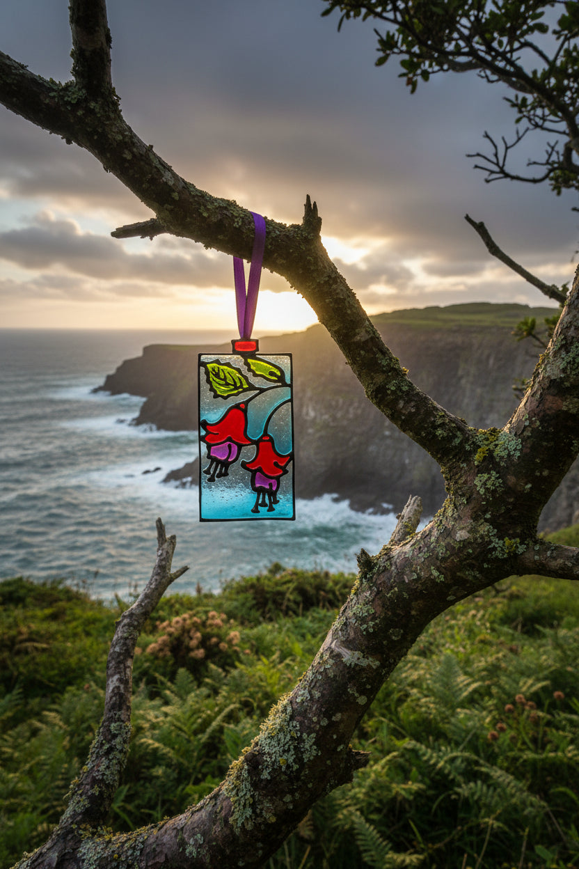 A packaged hanging sun catcher ornament featuring a stained-glass-style design with red sunflowers, green leaves, and purple hanging petals on a light blue background, attached to a purple ribbon. The package header reads 'Hanging Sun Catcher' and shows the brand Visual Instinct.