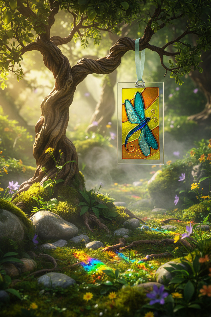A hanging stained glass sun catcher featuring a blue dragonfly design over yellow and orange geometric panels, packaged with a header card that reads 'Hanging Sun Catcher' and shows the brand Visual Instinct.