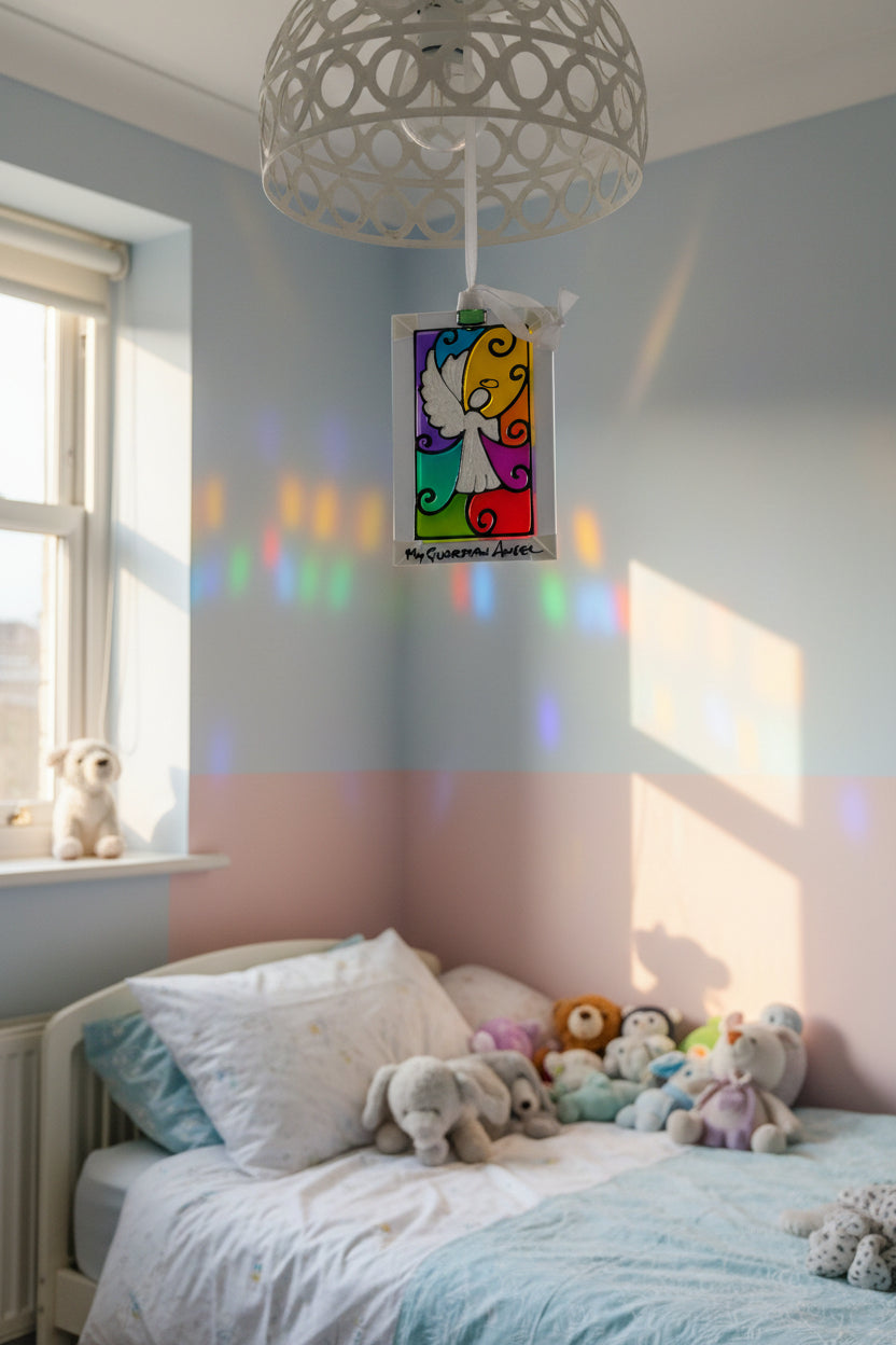 A packaged hanging sun catcher ornament featuring a white angel figure over a rainbow-colored sun with black decorative swirls. The item is still in its retail card packaging with the text 'Hanging Sun Catcher' and 'My Guardian Angel' visible.
