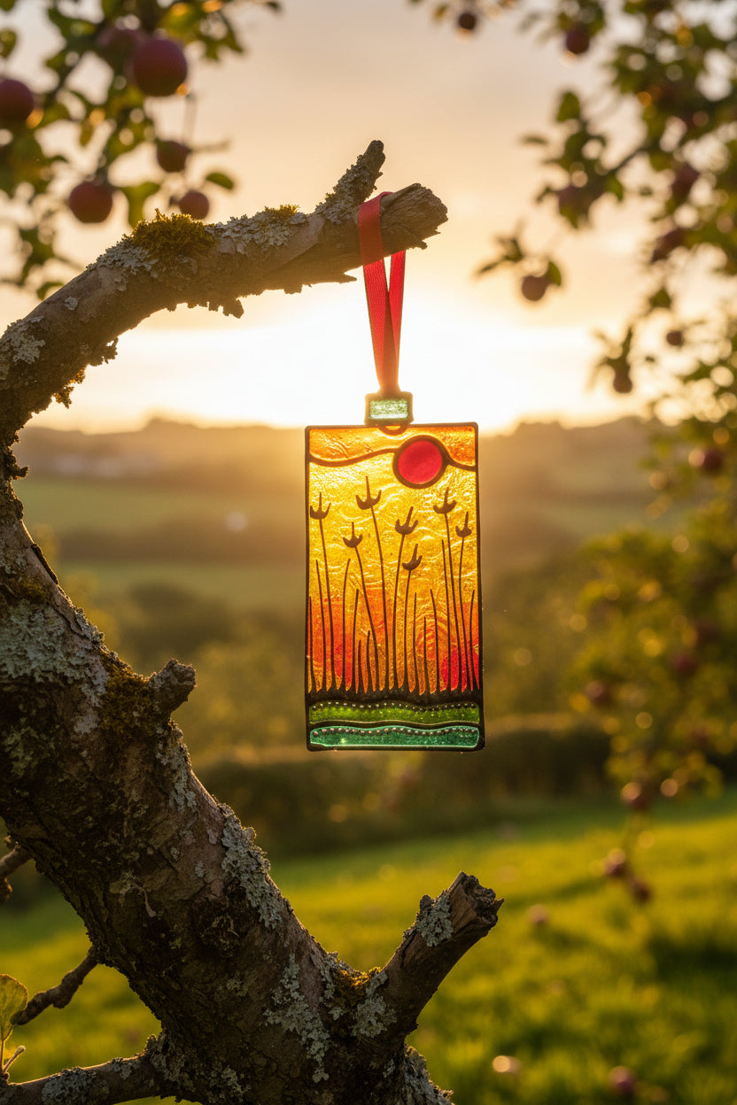 A hand-painted glass hanging sun catcher ornament by Irish Artist Honea Nales, packaged in a clear plastic sleeve with its white header card. The sun catcher features a vibrant sunset design with yellow, orange, red, and green glass panels, black stylized sunflower stems, and a red hanging ribbon.