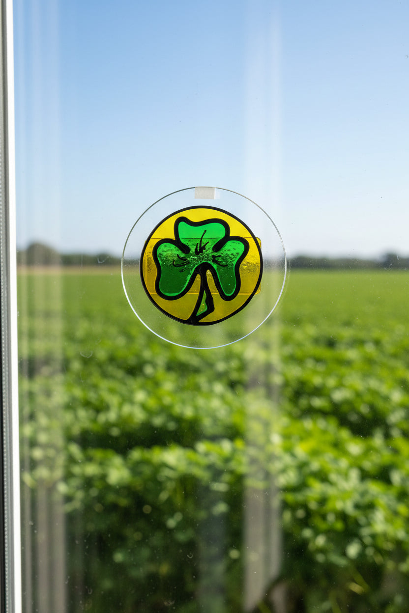 A packaged hand-painted glass sun catcher featuring a green shamrock on a yellow circular design, mounted on a clear circular base. The packaging shows the brand Visual Instinct and the product name 'Sun Catcher Sticky Beag' by artist Honor Hale.