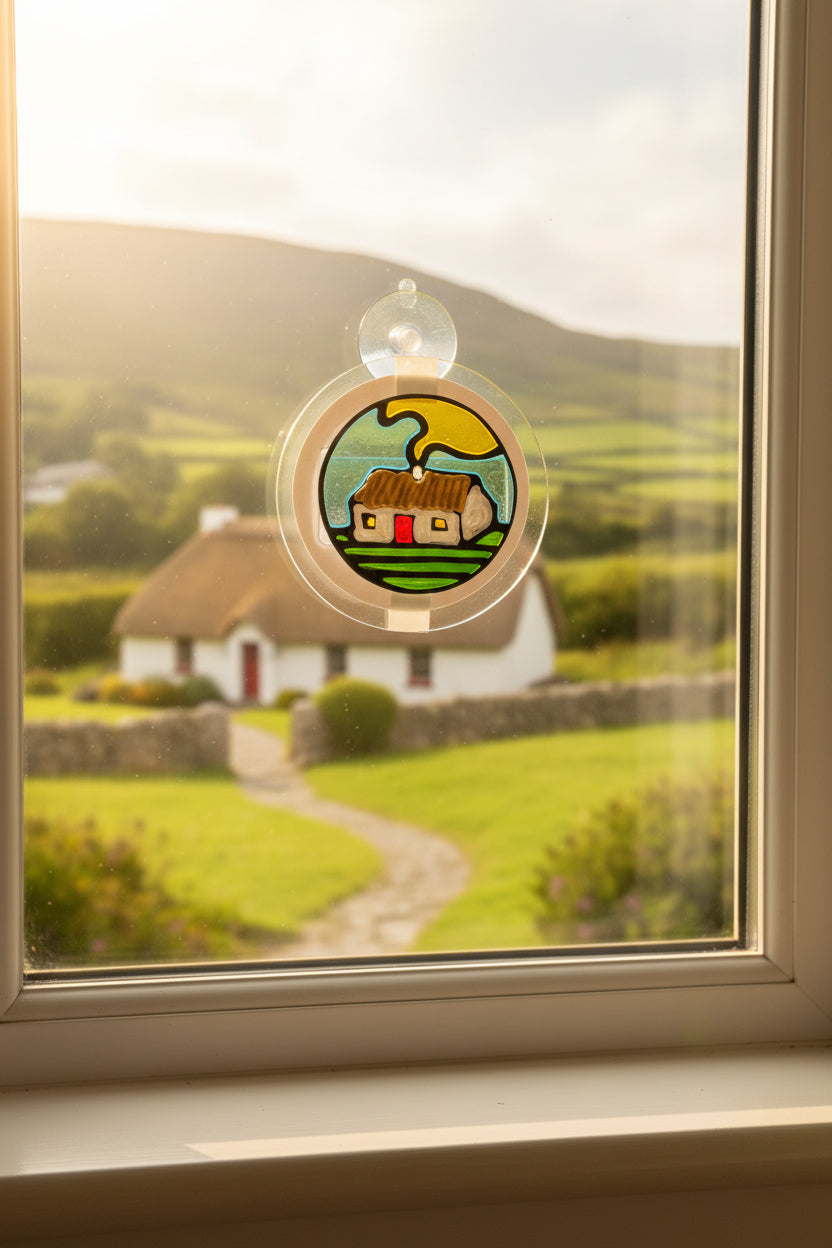 A hand-painted glass sun catcher featuring a small house with a brown roof, white walls, and a red door, set against green hills and a yellow sun. The piece is packaged on a blue card labeled 'Visual Instinct' and 'Sun Catcher Sticky Beag'.